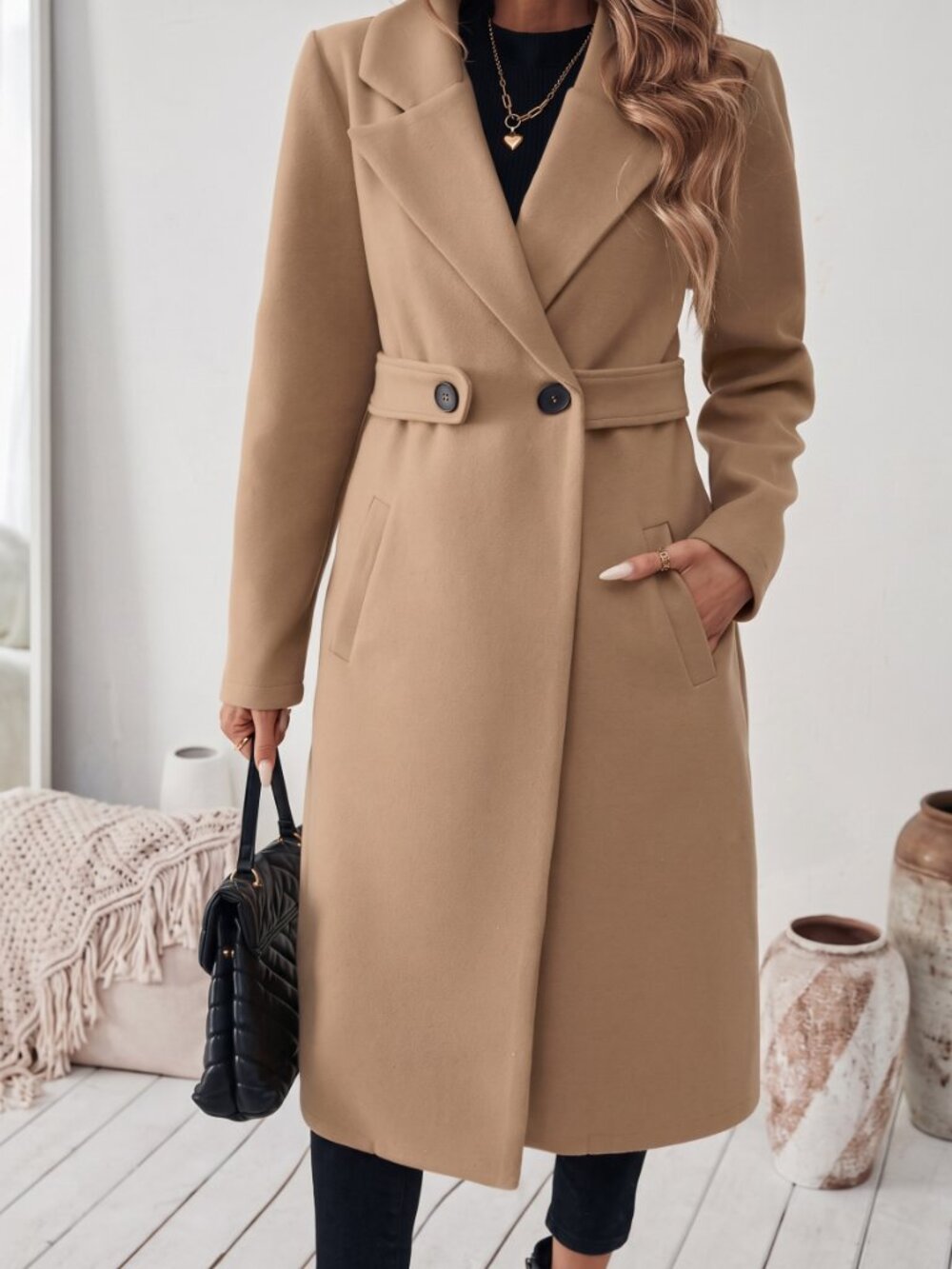 Women's Camel Belted Coat Notched Collar Long Fall Winter Wrap Jacket - Picture 4 of 4
